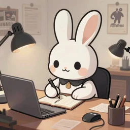 a cute cartoon rabbit sitting at a desk writing on a notebook, concept art, llustration, post grunge, concept art by josan gonzales and wlop, by james jean, Victo ngai, David Rubín, Mike Mignola, Laurie Greasley, highly detailed, sharp focus, alien, Trending on Artstation, HQ, deviantart, art by artgerm