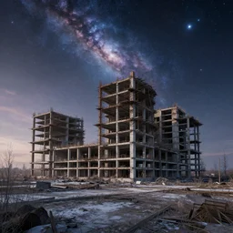 a beautiful hyperdetailed render of unfinished building nature industrial architecture architecture urbex city abandoned farmland by renzo piano, at night at dusk cosmic galactic atlantis gem matte painting at winter, archdaily, wallpaper, highly detailed, trending on artstation.