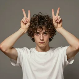 young man brown curly hair wearing casual white t shirt doing funny gesture with finger over head as bull horns, intricate, elegant, highly detailed, digital painting, artstation, concept art, smooth, illustration, art by artgerm and hsiao ron cheng