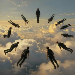cyberpunk, a group of many people diving in the open sky and the clouds, human figures in all black, atmospheric lighting, painted, intricate, golden hour, ultra detailed by peter gric, giger, enki bilal