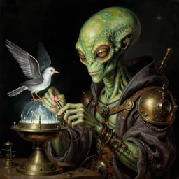 a baroque close - up portrait painting of a green alien steampunk wizard fixing a glowing sci - fi time machine bird. black background. highly detailed science fiction painting by norman rockwell, moebius, frank frazetta, and syd mead. high contrast. renaissance masterpiece. artstation