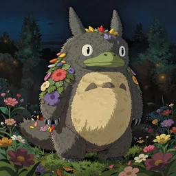 detailed spirit creature with eyes in the flowers at night made by studio ghibli, beautiful scene, detailed, high quality, high details, smooth, ghibli artstyle, 8 k, guy
