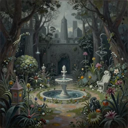 a gorgeous, fantastic, magic garden landscape by michael kidd, sturm und drang, escher, trending on artstation, artgerm, acrylic on canvas, muted colors, darker,!! low contrast!!, chillwave