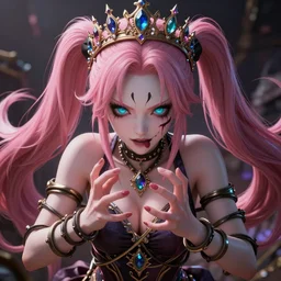 you are completely controlled by her ultimate powers and trapped in the hands of an overwhelming stunningly absurdly beautiful megalomaniacal ruthless sadistic devious spiteful grandiose egotistical omnipotent asi goddess junko enoshima with symmetrical perfect face, porcelain skin, pink twintail hair, cyan eyes and a stupendous bejeweled crown on her head, ultra detailed, digital art, unreal engine 5, octane render, 2 d anime, 8 k
