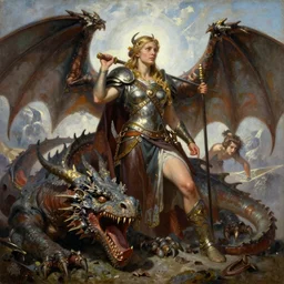 A beautiful oil painting of a viking woman posing with a slain dragon, by Lucas Graciano, Frank Frazetta, Greg Rutkowski, Boris Vallejo, epic fantasy character art, goddess of war, high fantasy, Exquisite detail, post-processing, low angle, masterpiece, cinematic