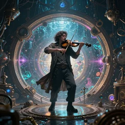 a extremely detailed masterpiece of a violin singer in a steampunk, psychedelic symmetric lights and water, opening a portal into another dimension, in the style of william blake, glowing light and shadow, hyperrealist, 8 k