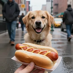 a happy dog!!! in a hotdog!!! bun!!!, 3 5 mm f 1. 2 photograph, dof, new york street, wet, rainy, photorealistic
