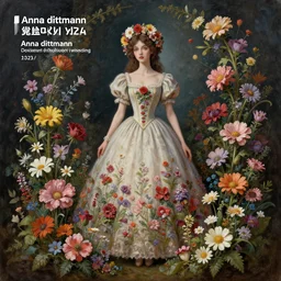 a painting of a woman in a dress surrounded by flowers, a storybook illustration by anna dittmann, deviantart contest winner, gothic art, made of flowers, whimsical, daz 3 d