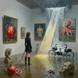 painting of a flooded art gallery with paintings on the wall, emo girl holding a fire hose, pomegranates, octopus, long black boots, flooded, stone sculptures, zen, shaft of sunlight, rain, waterfall, black swans, tandem bicycle, berries, surrealist, by magritte and monet