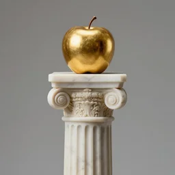 ancient gold apple on a tall roman pillar made of marble, realistic, studio lighting, 4 k, depth of field