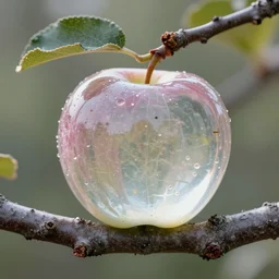 35mm photo of a transparent apple growing off a tree branch. Intricate, very detailed, 8k, fantasy