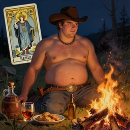 a serene, ethereal painting of a handsome mischievous thicc shirtless cowboy with a beer belly | night scene with campfire | food and jugs of whisky in the foreground | tarot card, art deco, art nouveau | trending on artstation