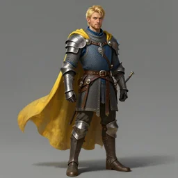 highly detailed concept art of a rugged young knight with blonde hair and blue eyes and a short beard  wearing a blue shirt over chain mail and steel pauldrons and a yellow cape and leather boots, concept art by Greg Rutkowski, realistic, masterpiece, ArtStation