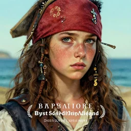 close - up of teenage mediterranean pirate girl freckles freckles, worry, linen clothes and leather armor, seaside backgroud, art for best - selling award - winning young adult fantasy novel, intricate, elegant, well composed, highly detailed, art by chengwei pan and viktoria gavrilenko and artgerm and greg rutkowski and alphonse mucha, trending on artstation