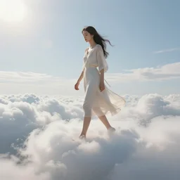 realistic scene of a mysterious woman walking on a clouds while it's sunny, detailed, 1 4 5 0, delicate, hyper realism, ultra realistic, 8 k