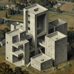 classical landscape paintings of brutalist concrete structures, masterpiece, insanely detailed and intricate, isometric, by eugene von guerard