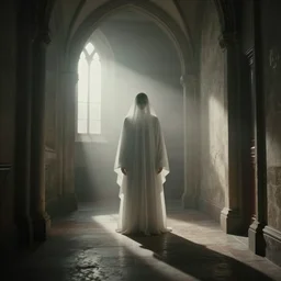 photo 60s, in the corridors of a misty church an apparition of a ghost