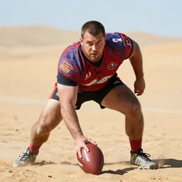 blood bowl human catcher scoring touchdown on a desert pitch, looking into the camera, high quality photo,