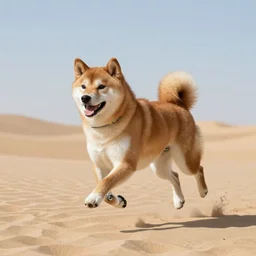 A Shiba inu with bionic legs running in the desert