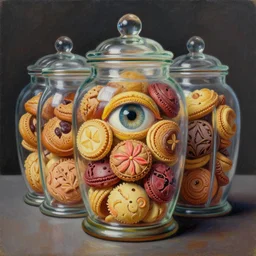 intricate five expensive cookie jar, oil on canvas, hdr, high detail, photo realistic, hyperrealism, surrealism, cinematic, matte finish, high contrast, 3 d depth, centered, masterpiece, vivid and vibrant colors, enhanced light effect, enhanced eye detail, artstationhd