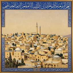 high - quality painting of the skyline of damascus, 1 2 th century, arabic miniature.
