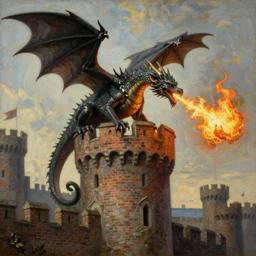 rococo oil painting, a medieval dragon is breathing fire upon a castle brick tower, high - readability, extremely detailed, sharp image