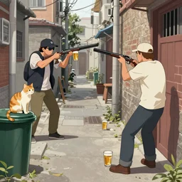 two men shotgunning beers in an alleyway, stray cat sitting on a trash can, anime art,