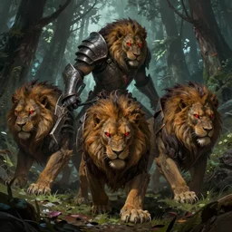 demonic humanoid lions in heavy armor, red glowing eyes, hunting in the forest. in style of greg rutkowski and hyung - tae kim, trending on artstation, dark fantasy, great composition, concept art, highly detailed, dynamic pose, vibrant colours, epic, 8 k.