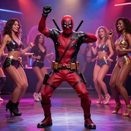 a still of deadpool dancing at the disco with the ladies