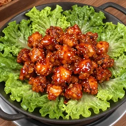 chuncheon dak - galbi, stir fried spicy chicken with lettuce in a large flat pan, still from a claymation film