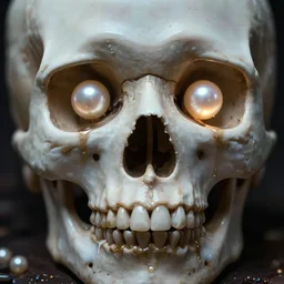 very detailed close up shot + skull with pearl glowing eyes + melting face + 4 k hyper details render + dramatic lighting + cinematography photography