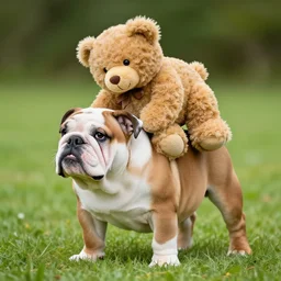 a bulldog puppy with a teddy bear riding on its back, hyper realistic!! realistic lighting!! wildlife photographer of the year!!! bold natural colors, national geographic, hd, wide angle, 8 k