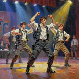 ! dream highly detailed painting of swat raid dancing on stage at a school talent show by william turner, by greg rutkowski, by william constable, thick brush strokes and visible paint layers, 4 k resolution