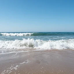first person view of breaking waves on the shore, summer, clear beautiful sky, sea breeze rises in the air, by andreas rocha and john howe, and Martin Johnson Heade, featured on artstation, featured on behance, golden ratio, ultrawide angle, f32, well composed