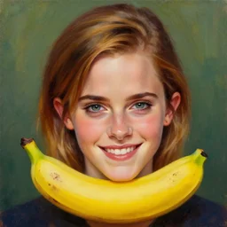 portrait, emma watson face, smiling, banana head, realism, oil painting, character, vibrant colors, photo emma watson
