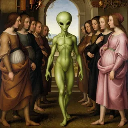 alien walking between people, Renaissance painting style, detailed faces