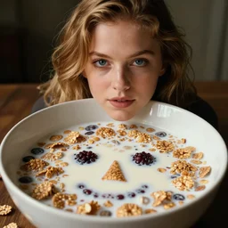 a bowl of bran flakes and milk with the face of russell brand in it