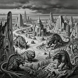 intricate, detailed painting of Caelid landscape and its monsters by MC Escher, concept art, illustration