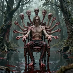 a portrait of a man with five heads, twelve arms, sitting on chair made of human limbs, the chair is floating in a lake of blood, around the lake are melting trees, the man's limbs are merging with the trees, digital art, hyperrealistic nightmare scene, supernatural, highly detailed, creepy, terrifying