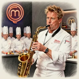 hyper detailed ultra - realistic pencil illustration of chef gordon ramsay playing a spicy saxophone in front of the masterchef audience, trending on artstation, award winning
