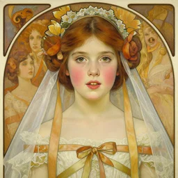 realistic detailed painting of a 1 6 - year old girl who resembles millie bobby brown and saoirse ronan, parted lips, glowing, blushing, as a bride wearing ribbons, by alphonse mucha, ayami kojima amano, charlie bowater, karol bak, greg hildebrandt