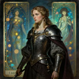 side portrait, baroque oil painting, imogen poots, paladin, gloomhaven, octane render, anime, tarot card, art nouveau, luminescent, illustration concept art, bokeh, by victo ngai, fanbox, greg rutkowski, makoto shinkai, studio ghibli