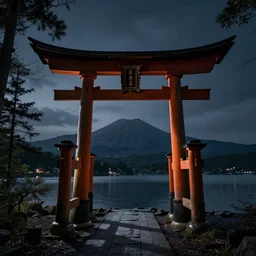 Japanese Torii in a moutain ,night , by Grzegorz Rutkowski, concept art