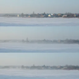 three stacked rectangle panels. each one slowly moving through the haze at ground level, until the town of barrow is revealed. in this first panel, we are staring at a wasteland in the near distance. it's daylight but all we are looking at is a frozen tundra. anything beyond the first few feet is covered by a thin sheet of blowing snow and ice.