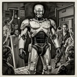 printmaking of robocop on party by escher