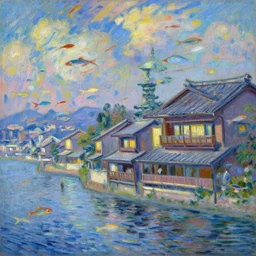 a beautiful japanese city near the sea, ryokans and edo era houses, abstract fishes flying all around, cyberpunk, lofi vibe, oil painting in impressionist style, by monet, by makoto shinkai, multiple brush strokes, inspired by ghibli, masterpiece