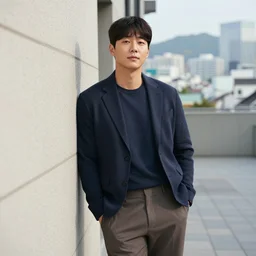 korean actor gong yoo portrait, hands in pockets, leaning against building, seoul cityscape background