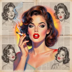 a handmade collage painting with newspapers of a girl from 1 9 8 0 s smoking cigarette on fire, red big lips made of donut, high detailed, retro style painting, retro pastel colored palette, grain and texture, dancing heads, illustration, oil pastel drawing, symetrical, in the middle, looking to camera, high shoulders, gradient lighting at the back, sharp teeth, red paint stains, extremely elegant drawing, looking straight, lens correction, sharp focus, 8 k