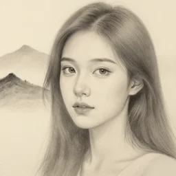 a beautiful girl face faded with moutains, drawing