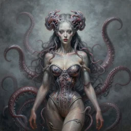 by Tom Bagshaw, ultra realist soft painting of lovecraft curiosities, single female in a corset, tentacles, symmetry accurate features, very intricate details, focus, curvy, award winning, ultra dense fog
